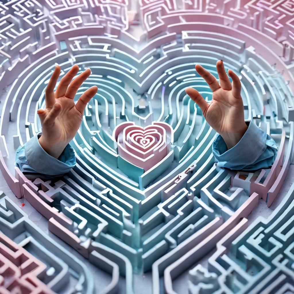 A heart-shaped maze symbolizing the complexities of love conversations, with various key terms like 'trust', 'communication', and 'empathy' scattered throughout. In the background, soft pastel colors to evoke warmth and affection, while a subtle glow highlights the maze's pathways. A pair of hands reaching towards each other from opposite sides of the maze, symbolizing connection and understanding. illustration style with a soft focus and elegant lines. vibrant colors.