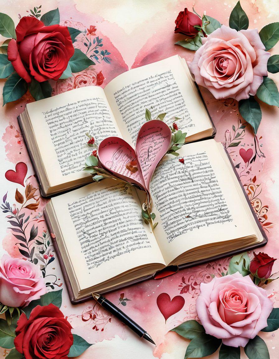 An artistic representation of a vintage book open to pages filled with beautiful calligraphy of romantic languages, surrounded by colorful heart-shaped doodles, delicate roses, and a quill pen. The background features a dreamy, soft-focus landscape that evokes passion and romance. The color scheme should incorporate warm reds and soft pinks to enhance the romantic theme. watercolor painting. vibrant colors. soft focus.