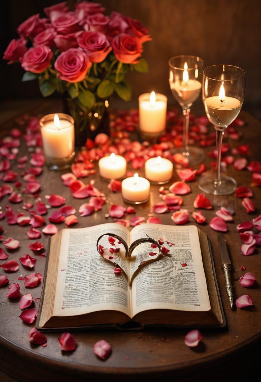A beautifully arranged table featuring an open vintage dictionary filled with romantic vocabulary, surrounded by delicate rose petals and soft candlelight. In the background, a couple sits closely, sharing smiles and reading together, their expressions conveying deep connection and love. Include whimsical handwritten definitions forming a heart shape in the air. warm tones, soft focus, romantic atmosphere, painting.